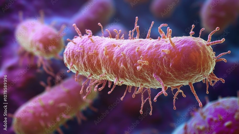 Microscopic view of probiotic bacteria within the human stomach, displaying Escherichia coli and other microorganisms crucial for digestion and health