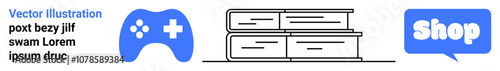 Blue game controller white cross icon stacked books black outlines speech bubble white text sample text. Ideal for education online stores gaming shopping websites promotional materials internet ads