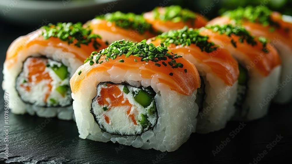 Close-up of fresh salmon sushi rolls with cream cheese and chives on a black slate plate. Close-up of fresh salmon sushi rolls with cream cheese and chives on a black slate plate.