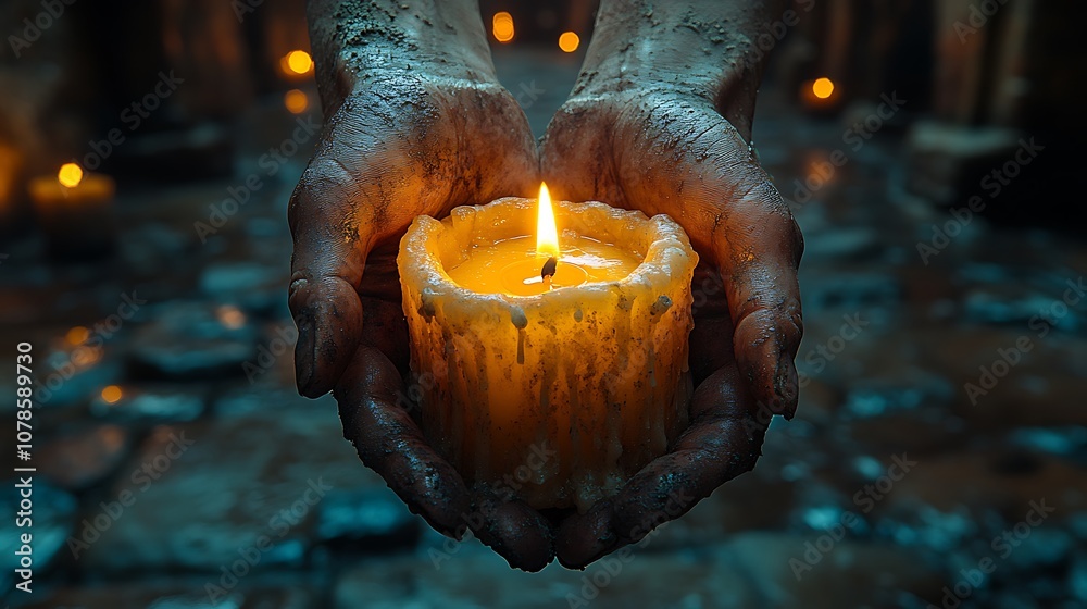 Light held close in muddy hands Light held close in muddy hands
