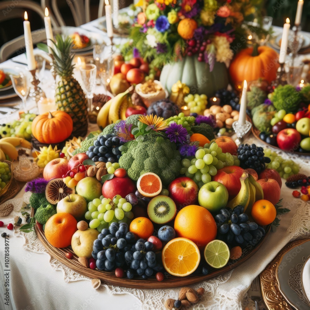 Beautiful arrangement of fresh fruits and vegetables on the table, with an emphasis on bright colors and textures Beautiful arrangement of fresh fruits and vegetables on the table, with an emphasis on bright colors and textures
