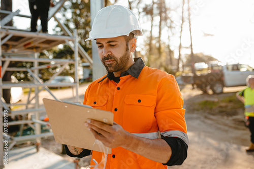 A bearded man wearing a hardhat looking at clipboard on building construction site