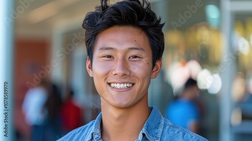 Against a vivid background, a young Asian scholar smiles, embodying the joy of learning and personal development