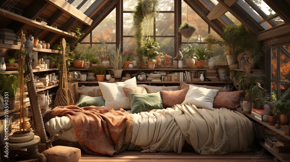 Cozy boho-style room with eclectic decor, natural textures, and earthy tones for a warm, inviting vibe. Cozy boho-style room with eclectic decor, natural textures, and earthy tones for a warm, inviting vibe.