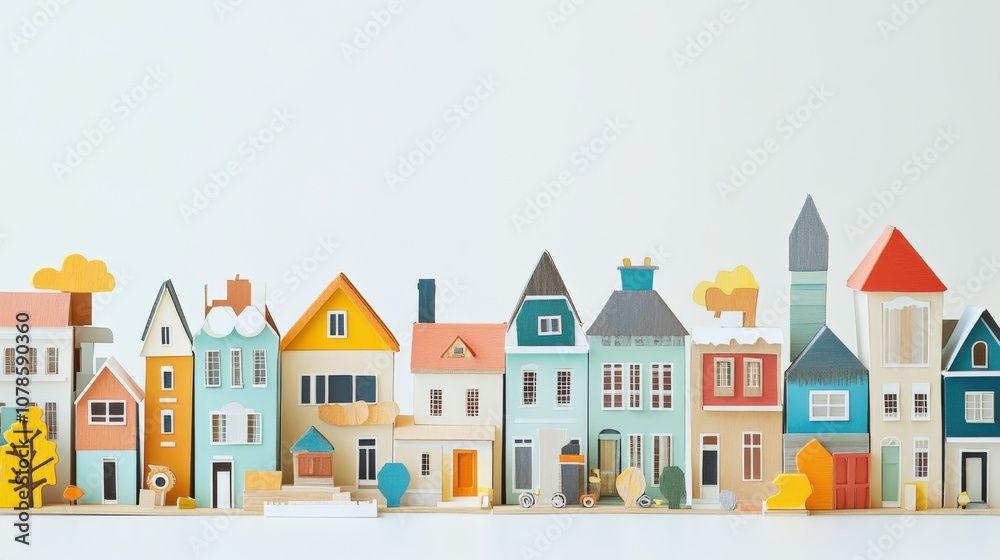 A Row of Colorful Paper Model Houses with White Background A Row of Colorful Paper Model Houses with White Background