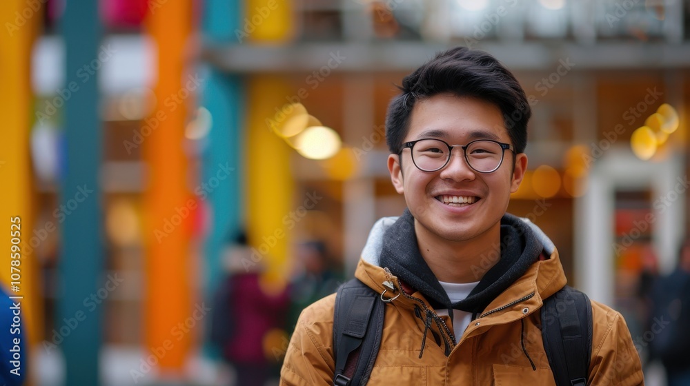 Against a vivid background, a young Asian scholar smiles, embodying the joy of learning and personal development Against a vivid background, a young Asian scholar smiles, embodying the joy of learning and personal development