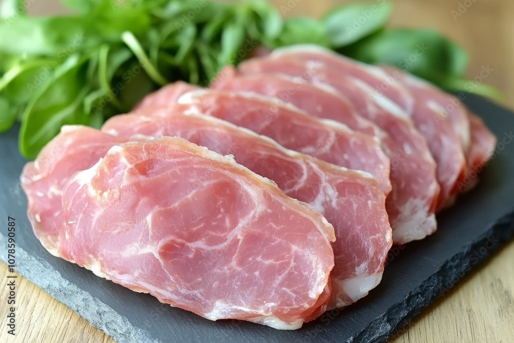 Sliced pork loin garnished with fresh parsley presented on a wooden chopping board to emphasize texture freshness and rustic culinary charm Sliced pork loin garnished with fresh parsley presented on a wooden chopping board to emphasize texture freshness and rustic culinary charm