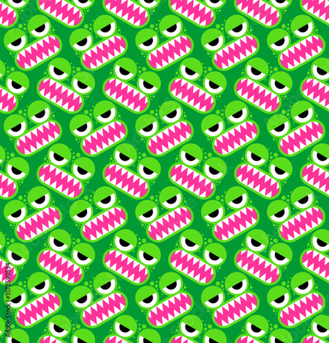 Green monster pattern. Monster eyes and teeth ornament. Kids fabric background