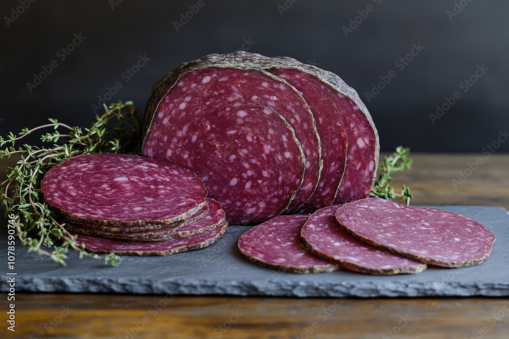 Sliced salami and cured meats arranged on a slate platter with sprigs of thyme to highlight richness texture and artisanal charcuterie refinement Sliced salami and cured meats arranged on a slate platter with sprigs of thyme to highlight richness texture and artisanal charcuterie refinement