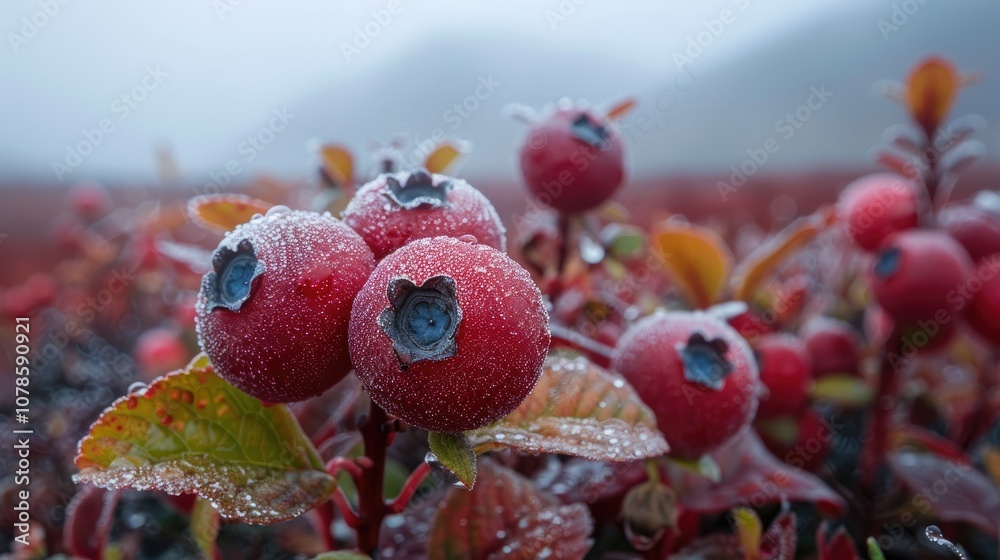 Fototapeta premium Close-up of red berries with frost on a cold morning, with a foggy background.