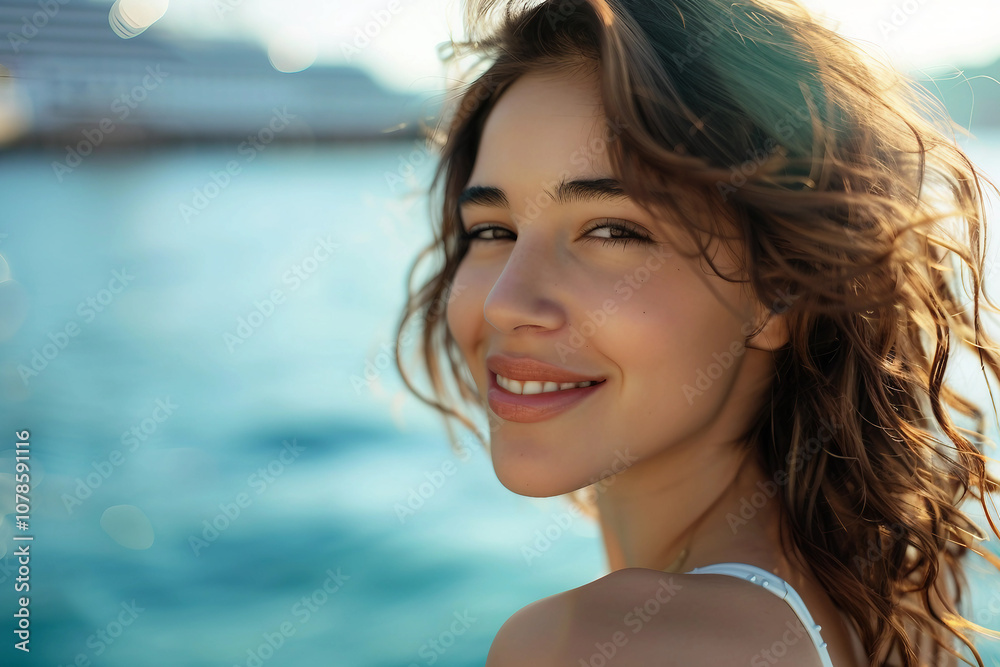AI generated picture of happy attractive woman enjoy vacation on cruise AI generated picture of happy attractive woman enjoy vacation on cruise