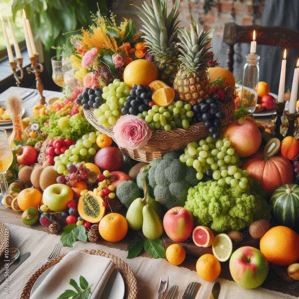 Beautiful arrangement of fresh fruits and vegetables on the table, with an emphasis on bright colors and textures Beautiful arrangement of fresh fruits and vegetables on the table, with an emphasis on bright colors and textures