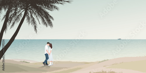 Seascape with couple of lover kissing and silhouette palm trees at the cliff graphic illustration have blank space.