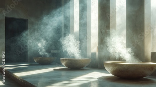 Steam rises from bowls in a serene spa, softly illuminated by morning light through tall windows.