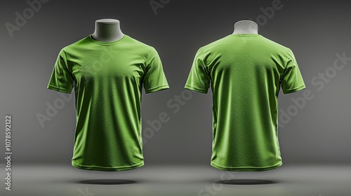 A detailed green t-shirt displayed on a mannequin in a shadowed setting, highlighting its fabric texture. Suitable for stock photos emphasizing textural detail. photo