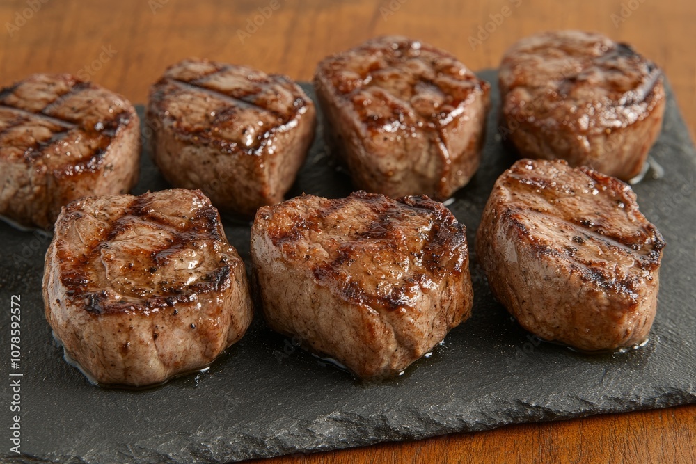 Grilled beef medallions seared to perfection served on a black slate board highlighting a rustic yet elegant presentation of a gourmet steak dinner Grilled beef medallions seared to perfection served on a black slate board highlighting a rustic yet elegant presentation of a gourmet steak dinner