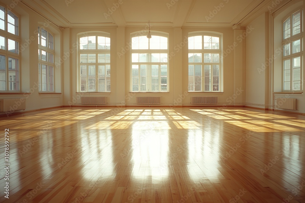 Fototapeta premium Natural light fills an empty room with polished wooden floors and large windows.