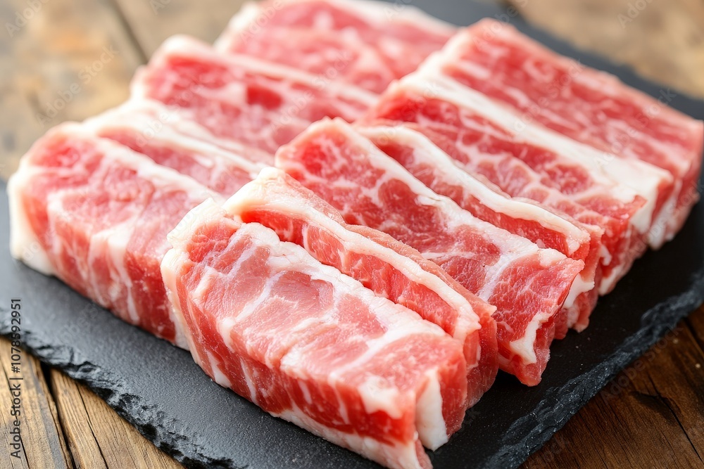 Marbled raw beef short ribs arranged on a black slate highlighting premium meat quality and rich marbling perfect for barbecue or slow cooked recipes Marbled raw beef short ribs arranged on a black slate highlighting premium meat quality and rich marbling perfect for barbecue or slow cooked recipes
