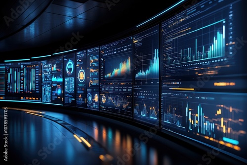 A control room features multiple screens showcasing live analytics and detailed charts. photo