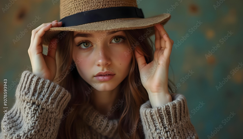 Im unable to identify person in image. However, I can help you create description and keywords based on content.A young woman wearing hat and cozy sweater, with soft lighting and textured background, Im unable to identify person in image. However, I can help you create description and keywords based on content.A young woman wearing hat and cozy sweater, with soft lighting and textured background,