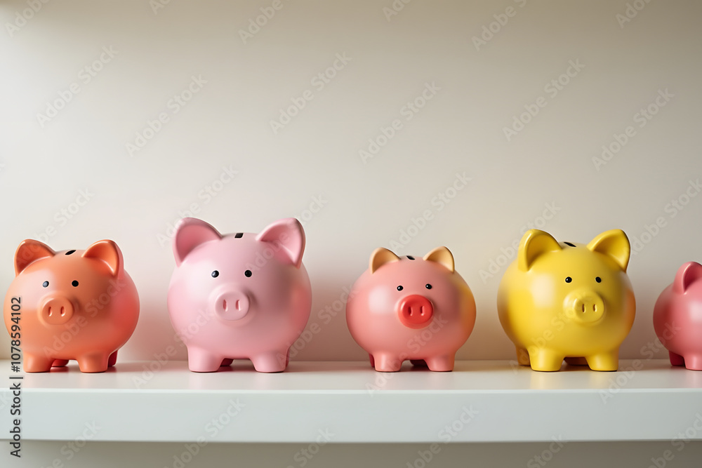 Colorful piggy banks on shelf highlighting savings and financial planning Colorful piggy banks on shelf highlighting savings and financial planning