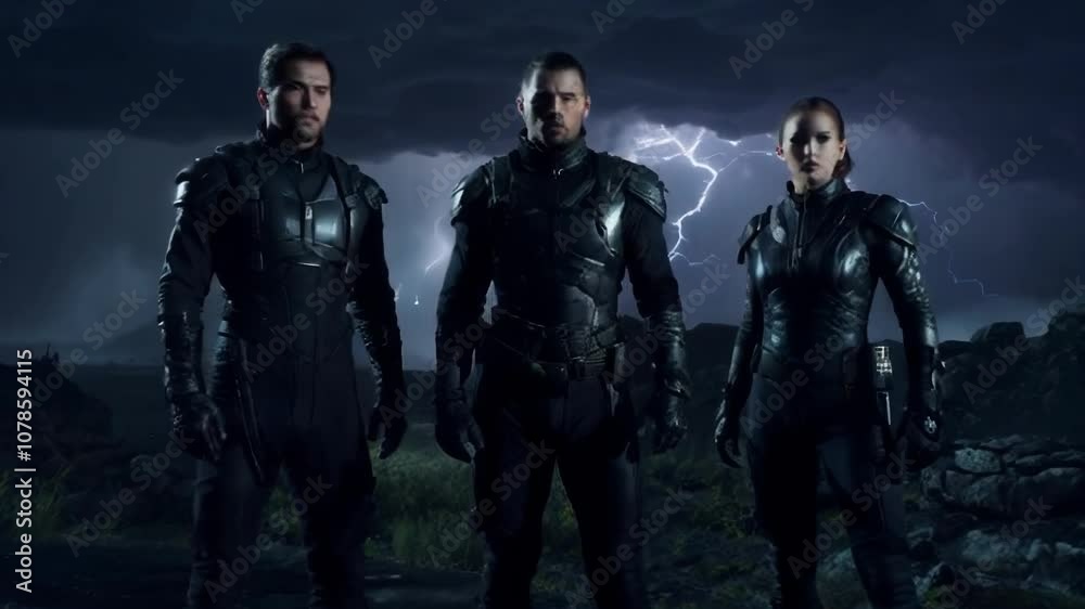 Three armored characters pose dramatically against a stormy backdrop, emphasizing intensity and suspense with cinematic visual effects. Three armored characters pose dramatically against a stormy backdrop, emphasizing intensity and suspense with cinematic visual effects.