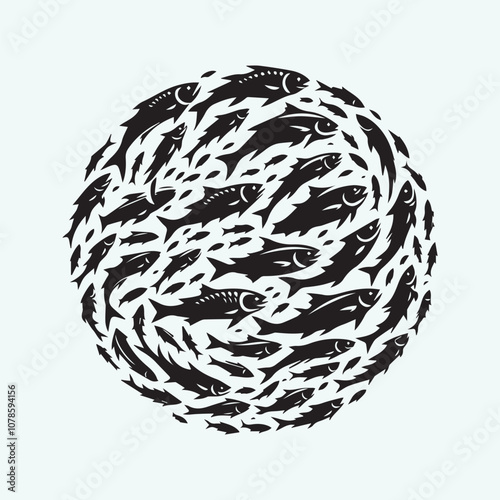 black flock of fish set vector, flock of fish silhouette vector icon black and white