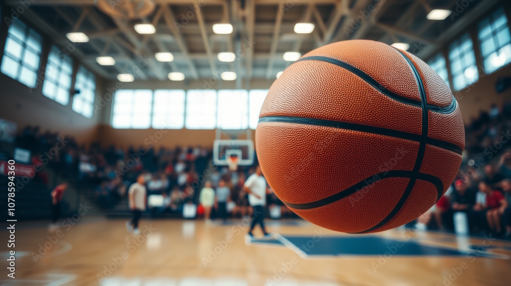 close up basketball ball on gym background