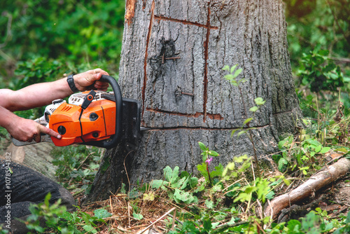 Arborist using a chainsaw to cut a tree in a forested area during daylight hours with vegetation surrounding the site