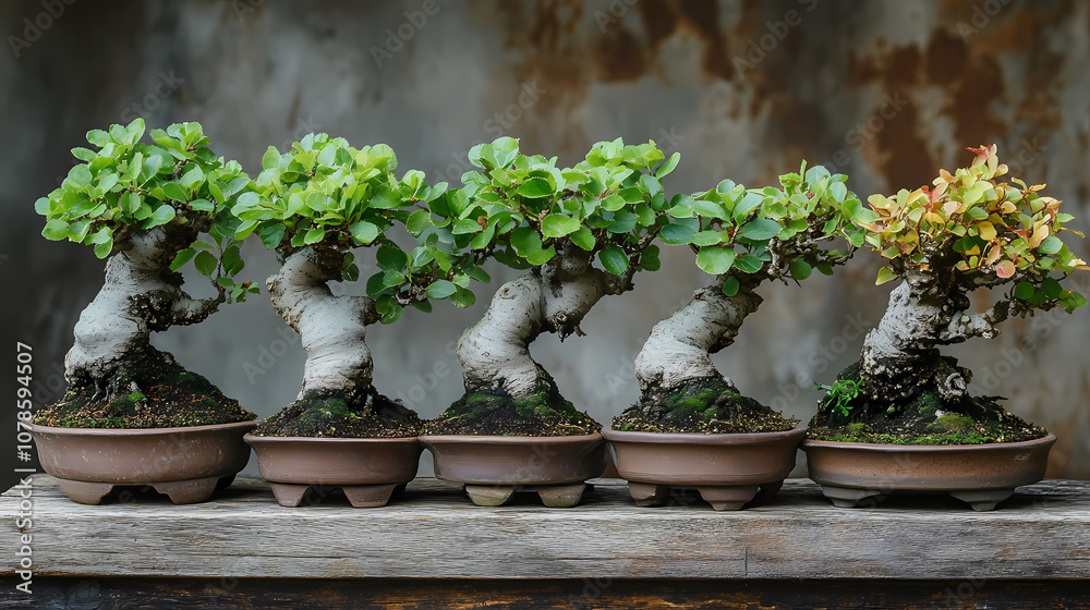 Bonsai,An arrangement of bonsai trees at different stages of development Bonsai,An arrangement of bonsai trees at different stages of development