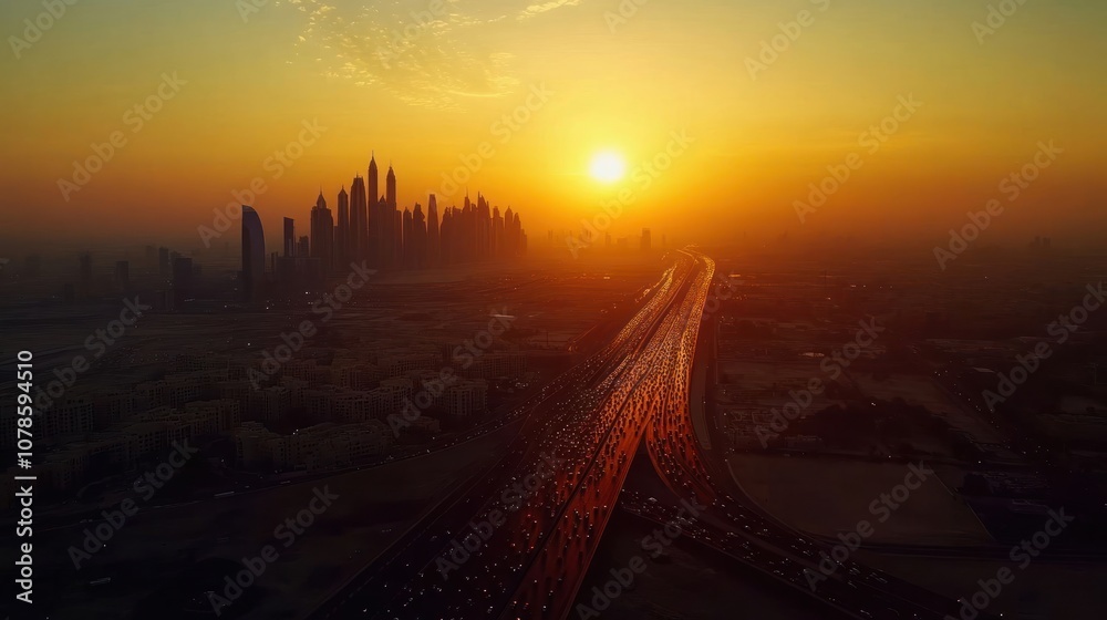 A panoramic view of a highway leading to a city skyline at sunset. The sun is setting behind the skyscrapers, casting a golden glow over the landscape. A panoramic view of a highway leading to a city skyline at sunset. The sun is setting behind the skyscrapers, casting a golden glow over the landscape.