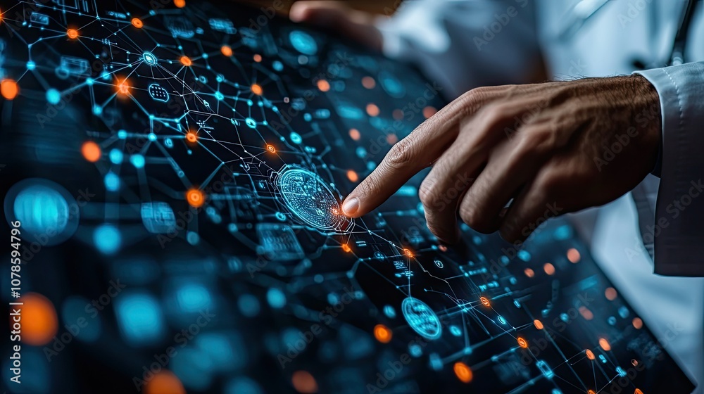Doctor pointing at digital interface with network graphics.