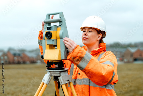 Female surveyor using precision equipment to measure land in cloudy weather during a construction project