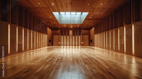 Empty wooden room with a skylight and wood paneling on the walls.