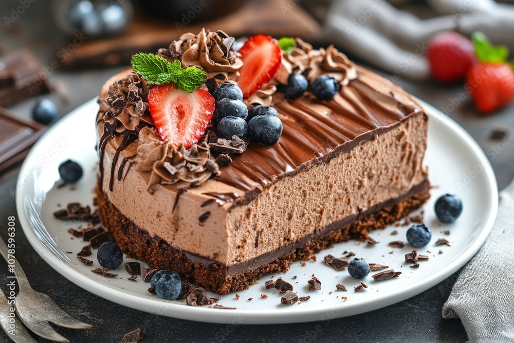 Slice of rich chocolate mousse cake garnished with fresh berries and mint leaves on a rustic wooden plate for an indulgent dessert presentation Slice of rich chocolate mousse cake garnished with fresh berries and mint leaves on a rustic wooden plate for an indulgent dessert presentation