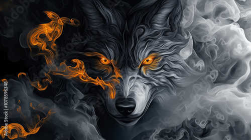 Japanese tattoo-inspired wolf face with golden eyes and swirling smoke, symbolizing strength and mystery on a dark canvas photo