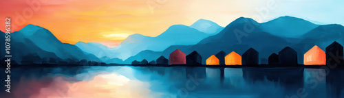 A serene landscape featuring colorful house silhouettes against a vibrant sunset over calm waters, creating a tranquil and picturesque scene.