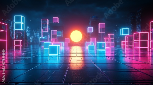 Futuristic Digital Landscape with Neon Cubes and Radiant Sun Setting Over a Reflective Ground, Ideal for Sci-Fi and Tech-Themed Visuals