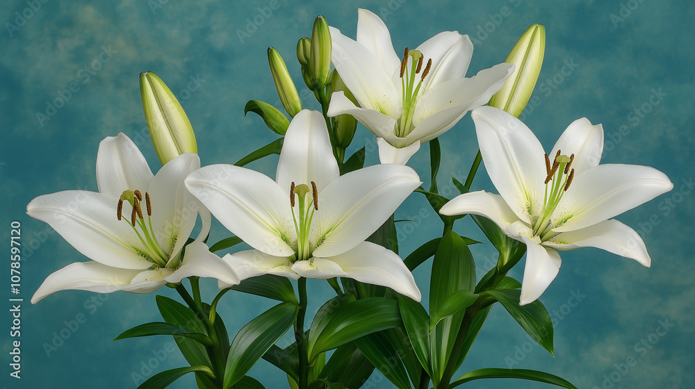 Naklejka premium White Lilies Against Teal Background
