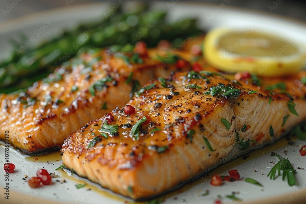Close-up of Grilled Salmon with Lemon and Herbs on a White Plate