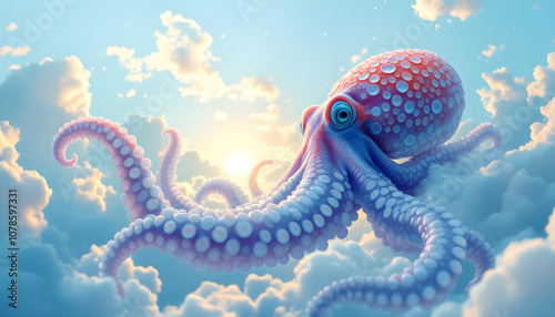 giant octopus gracefully floats among fluffy clouds, illuminated by warm sunset. Its vibrant colors and intricate patterns create stunning visual in sky photo