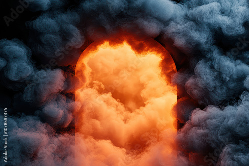A captivating scene of a glowing doorway enveloped in vibrant orange flames and billowing smoke, evoking mystery and intrigue.