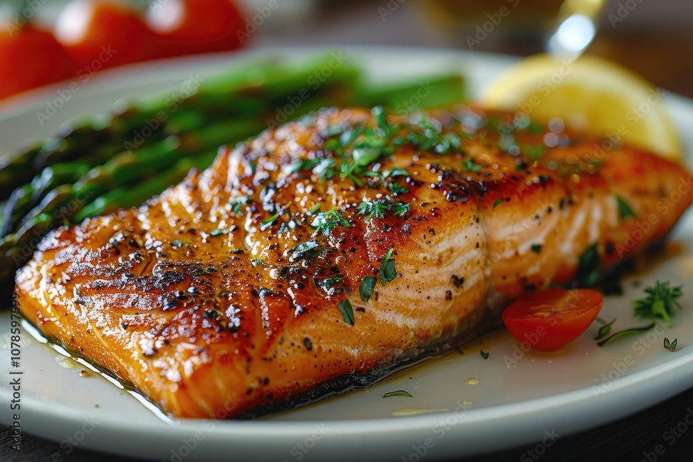 Close-up of Grilled Salmon with Asparagus and Herbs on a White Plate Close-up of Grilled Salmon with Asparagus and Herbs on a White Plate