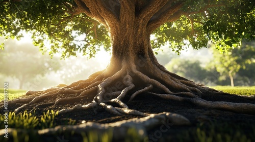 A large tree is the centerpiece of a modern, minimalist living room