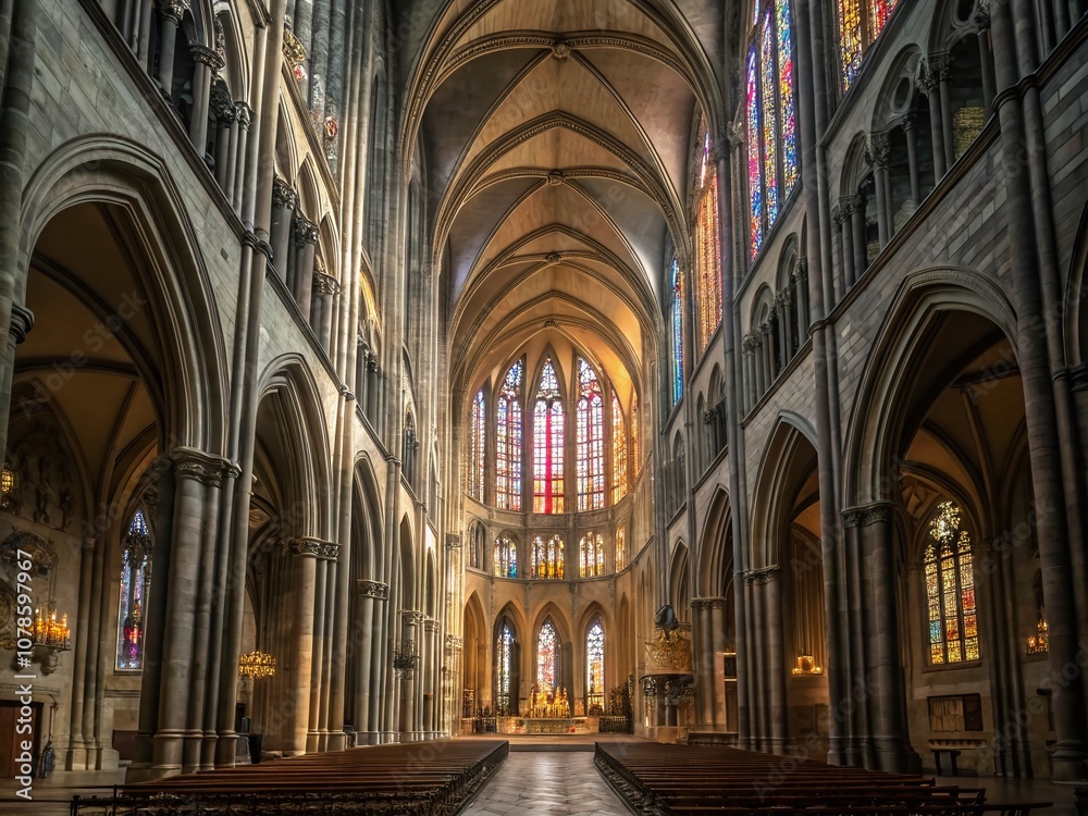 Stunning Interior of the Gothic Cathedral of Saint Mary Showcasing Majestic Arches, Intricate Stained Glass Windows, and Awe-Inspiring Atmosphere for Fashion Photography Inspiration