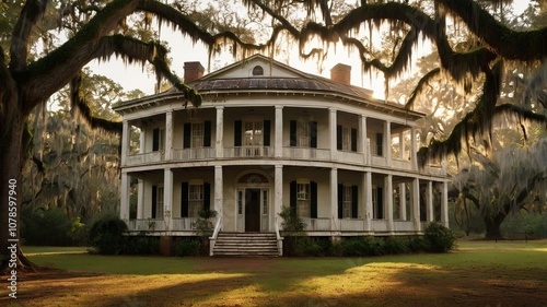 A beautiful old white antebellum home in the south with large oak trees draped in Spanish moss.