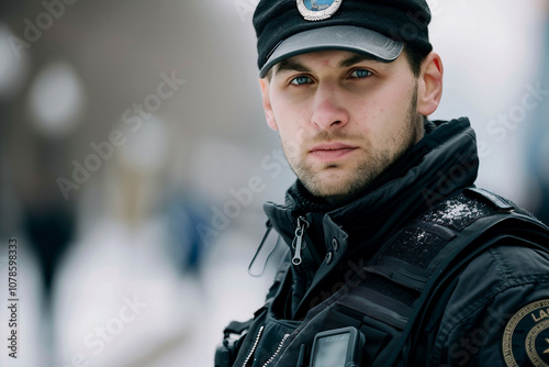 Serious confident police officer and security bodyguard generative AI picture photo