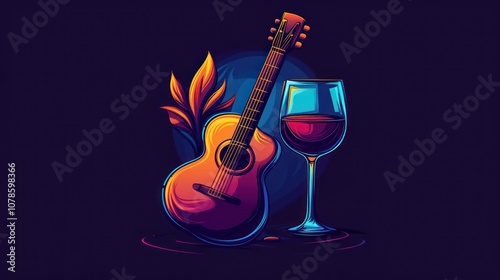 Guitar and Wine Glass Illustration photo