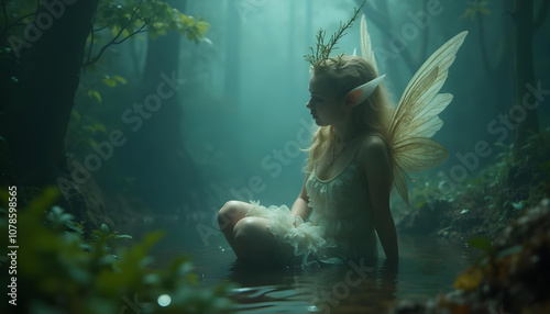 mystical fairy sitting in serene forest stream, surrounded by lush greenery and soft mist. ethereal atmosphere evokes sense of magic and tranquility