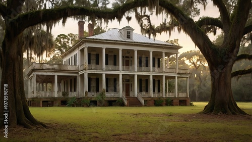 A grand white antebellum mansion sits on a sprawling lawn: framed by moss-draped trees. The home's classic architecture and serene surroundings create a sense of timeless elegance.
